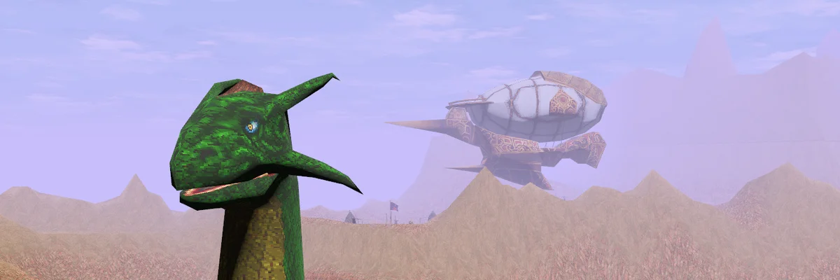 A green dragon watches an airship cross Redguard's island landscape