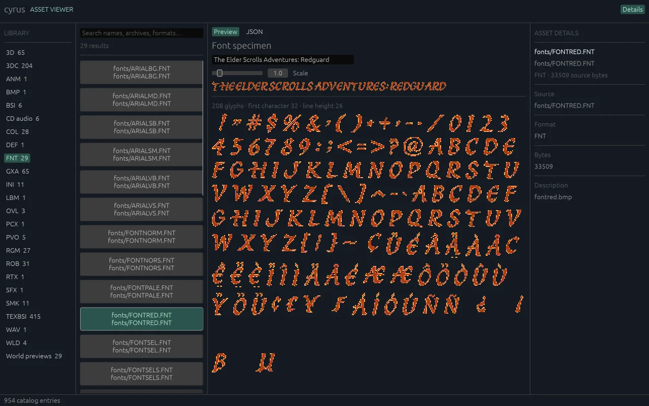 Asset viewer showing a bitmap font specimen and its glyph atlas