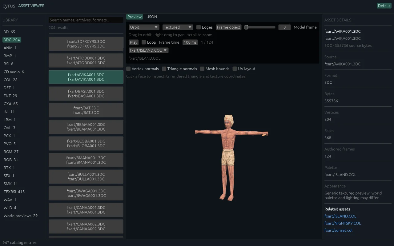 Asset viewer showing a textured character model with orbit controls and mesh statistics