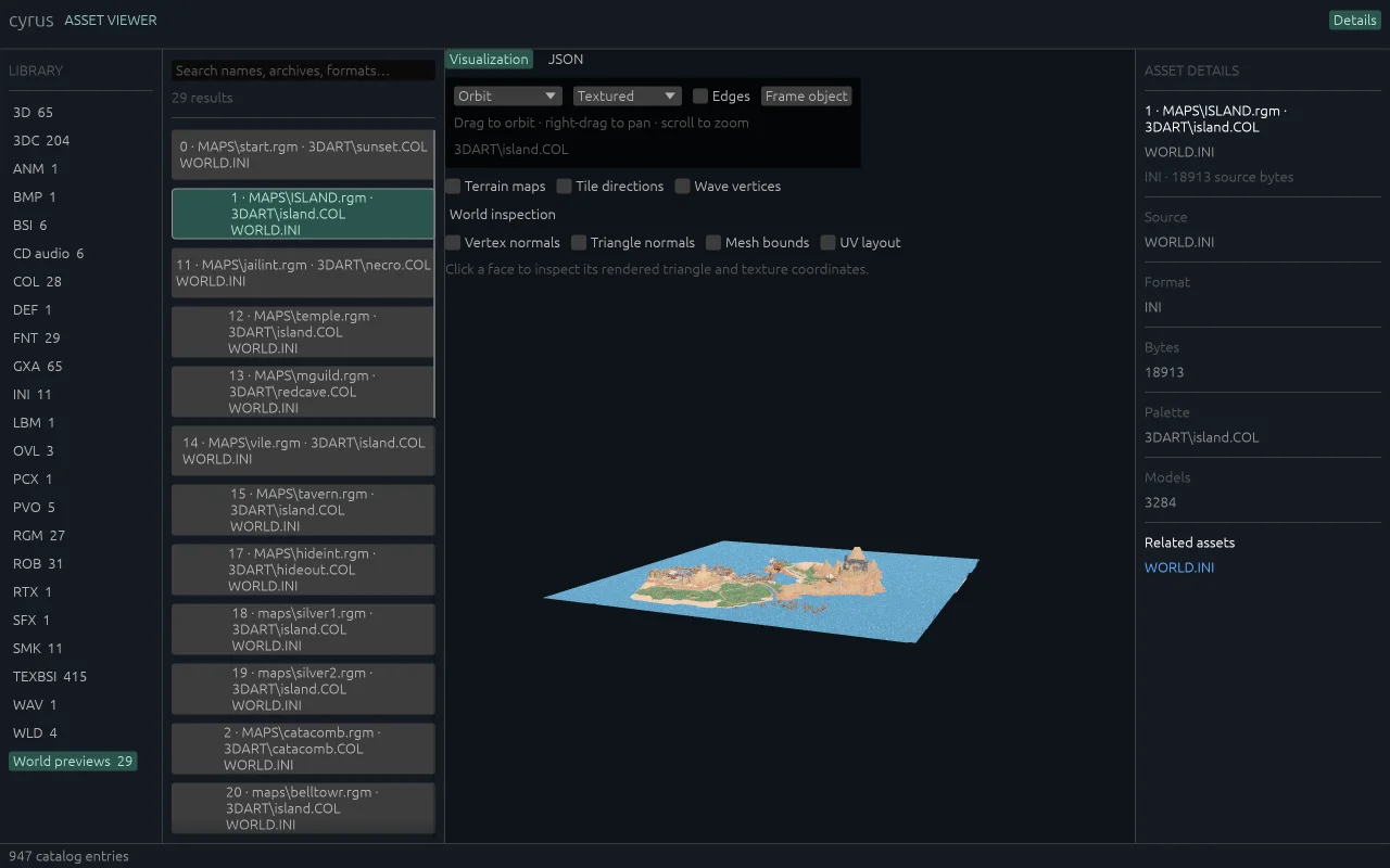 Asset viewer showing the Stros M'Kai island world with terrain and placed models